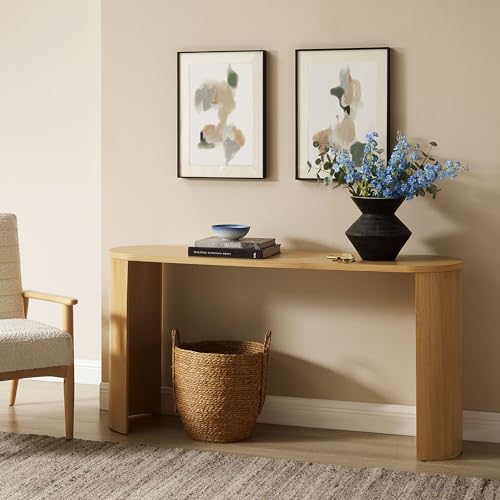 Aspect 60 Inch Oval Console Table in Oak with Reversible Arched Legs - Modern Oval Wood Narrow Entryway Table - Curved Profile Design Thin Sofa Table for Hallway or Living Room