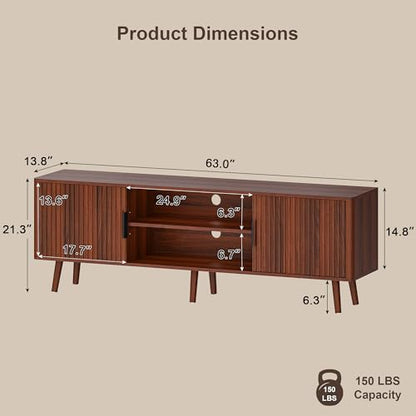 63" Fluted TV Stand, Mid Century Entertainment Center with Storage, view 3