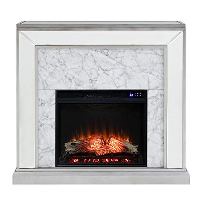 Trandling Mirrored Touch Screen Electric Fireplace with Faux Marble - Transitional Design, Grey Glass and Wood - Ideal for Living Room, Bedroom (FR1027359)