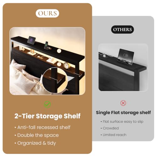 King Bed Frame, 2-Tier Storage Headboard, LED, Charging Station, view 6