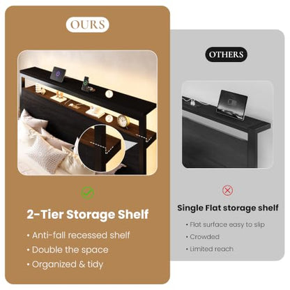 King Bed Frame, 2-Tier Storage Headboard, LED, Charging Station, view 6