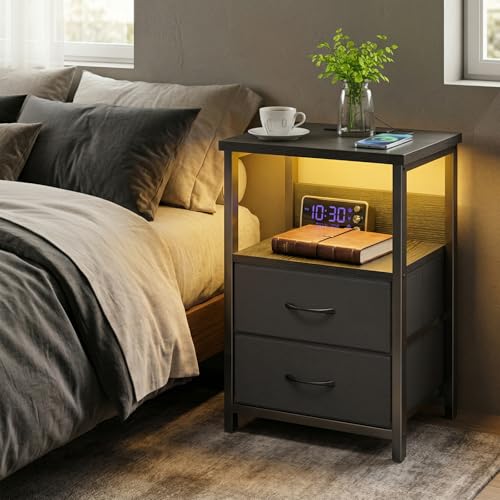 Night Stand with Charging Station, LED Nightstand with U-S-B Ports and Outlets for Small Spaces, 2 Fabric Storage Drawers, Bedside Table End Tables Bedroom Decor, Modern Black