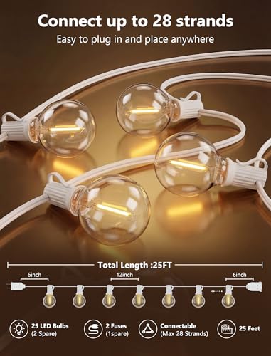 25Ft LED Outdoor String Lights, G40 Globe Patio String Lights Waterproof with 27 Shatterproof Bulbs, Hanging Outdoor Lights for Backyard Garden Bistro Wedding Party Christmas Decorations, White