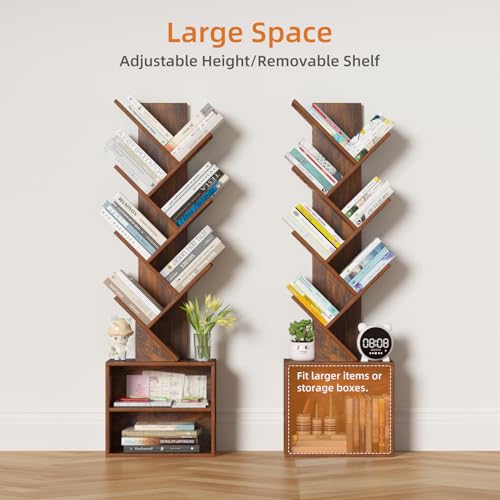 10 Tier Tree Bookshelf,Floor Standing Wood Tall Bookcase for Narrow Space, Storage Organizer Bookshelves for Books, Book Case for CDs/Movies/Books,Home Office,Living Room, Bedroom