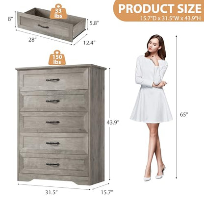 Farmhouse Wood 43.9" Tall 5 Drawer Dresser for Bedroom, Grey, view 3