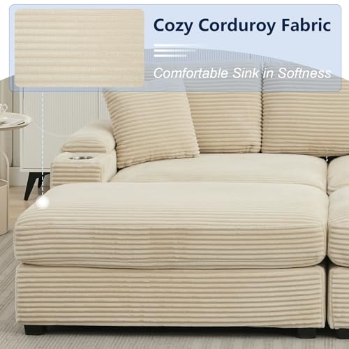 86.6" Sectional Sofa Couch with 2 Ottomans, Comfy Corduroy Upholstered Cloud Modular Convertible Couch with Cup Holders and USB, Armrest Storage, Deep Seat Oversized Loveseat for Living Room, Beige
