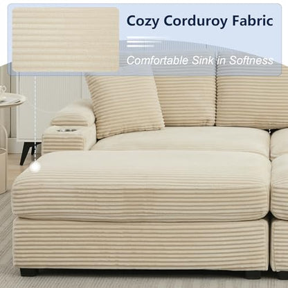 86.6" Sectional Sofa Couch with 2 Ottomans, Comfy Corduroy Upholstered Cloud Modular Convertible Couch with Cup Holders and USB, Armrest Storage, Deep Seat Oversized Loveseat for Living Room, Beige