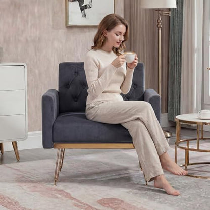 Accent Chair with Arm for Living Room, Velvet Modern Armchair Single Sofa Cozy Tufted Upholstered Reading Side Chairs with Gold Metal Leg for Bedroom Decorate