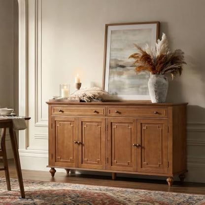 58" Sideboard Storage Cabinet, 4 Doors Storage Sideboard with Adjustable Shelves & 2 Drawers, Chic Channel Design, Transitional Buffet, Acorn