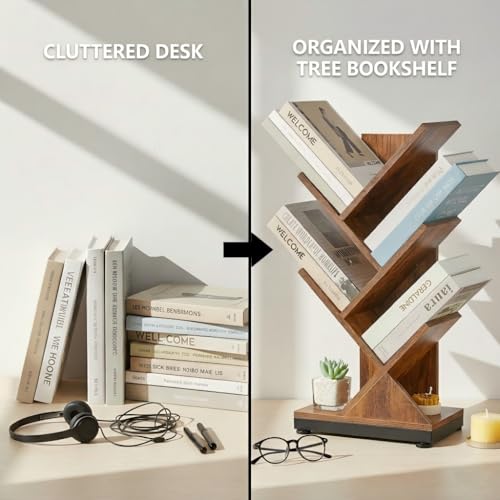 5 Tier Tree Bookshelf, Small Bookcase 11.8"*7.4"*24" (Rustic Brown) | Retro Narrow Bookshelves for CDs/Magazines, Book Shelf for Bedroom, Living Room, Office, Balcony, Study Room