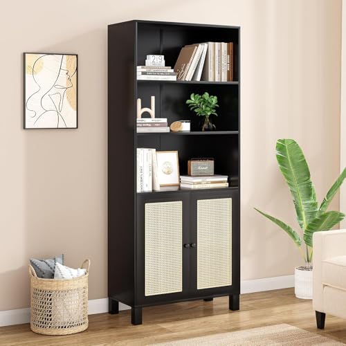 5 Shelf Bookshelf with Rattan Doors, 29.9" L×14.6" W×70.9" H Tall Bookcase with Freestanding Display Shelves, Farmhouse Boho Book Case for Home Office Reading Nook Living Room, Black