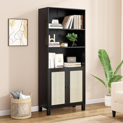 5 Shelf Bookshelf with Rattan Doors, 29.9" L×14.6" W×70.9" H Tall Bookcase with Freestanding Display Shelves, Farmhouse Boho Book Case for Home Office Reading Nook Living Room, Black