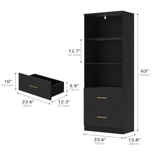 Black Bookshelf with Drawers, 63" Tall Bookshelf with Storage, 3 Shelf Modern Bookcase with Adjustable Shelf, Open Shelves Bookcase, Unique Book Shelf forHome Office, Living Room, Black