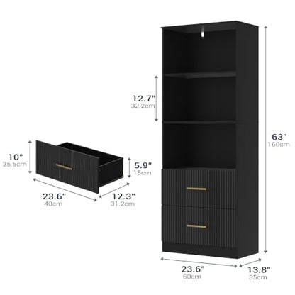 Black Bookshelf with Drawers, 63" Tall Bookshelf with Storage, 3 Shelf Modern Bookcase with Adjustable Shelf, Open Shelves Bookcase, Unique Book Shelf forHome Office, Living Room, Black