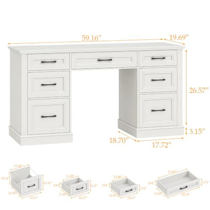 Farmhouse 59'' Executive Desk with File Drawers, Cream White, view 3