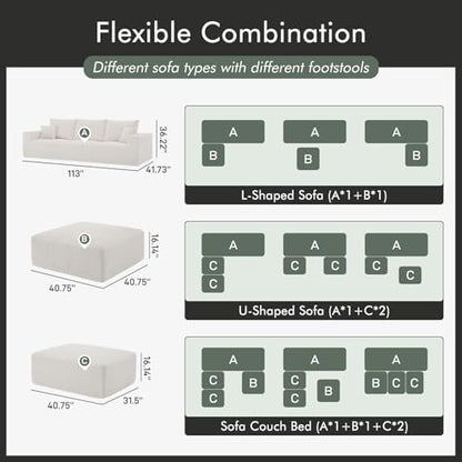 113" Modular Sectional Couch, Cloud Boneless Sofa with Deep Seats, Upholstered Corduroy U-Shaped Sleeper Sofa with Chaise, 3-Seater Couches for Living Room, No Assembly Required, Beige