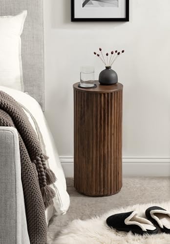 Reid Modern Wooden Ribbed Drink Table; 10 x 10 x 22; Walnut Brown; Solid Wood Mini Table for Use as Pedestal Plant Stand Indoors or Small Nightstand Option