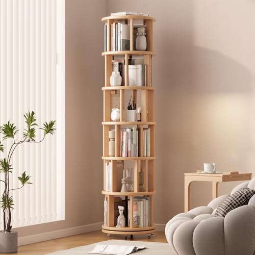 6 Tier Solid Wood Rotating Bookshelf Tower on Wheels, Natural, view 2