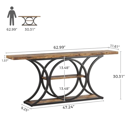 63 in Console Table for Entryway, 3-Tier Sofa Table, Brown/Black | Behind Couch Table with Metal Frame, Low Storage Shelves for Hallway, Living Room, Rustic Industrial Style