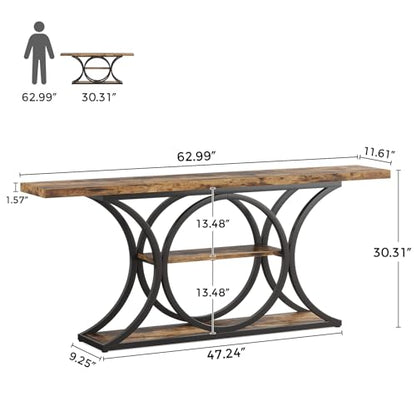 63 in Console Table for Entryway, 3-Tier Sofa Table, Brown/Black | Behind Couch Table with Metal Frame, Low Storage Shelves for Hallway, Living Room, Rustic Industrial Style
