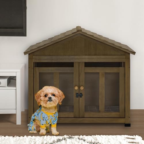 Wooden Dog House Furniture, Solid Wood Pet Kennel Indoor for Small/Medium Dogs, view 3