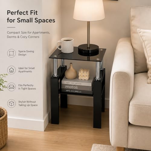 Tempered Glass End Table, Black Modern Square Side Table with Metal Frame, 2-Tier Glass Sofa Table for Home, Bedroom, Apartment & Small Spaces