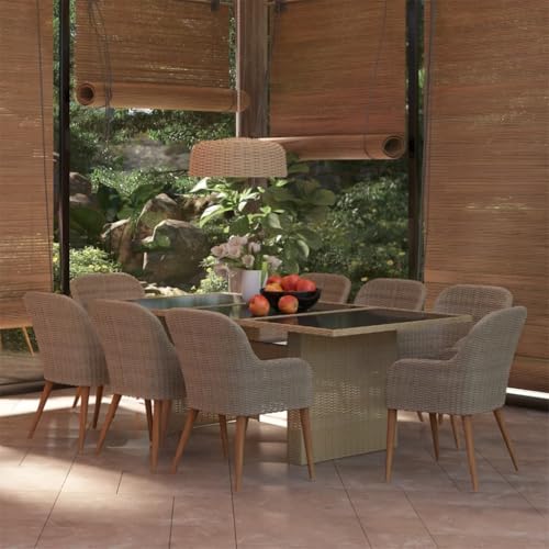 9 Piece Poly Rattan Garden Dining Set with 1 Rectangular Table and 8 Cushioned Chairs, Brown PE Wicker Patio Furniture Set for Outdoor Dinning Backyard and Porch