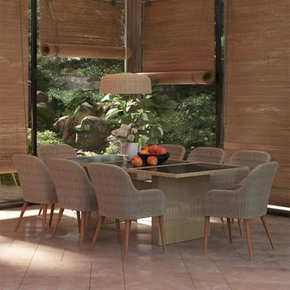 9 Piece Poly Rattan Garden Dining Set with 1 Rectangular Table and 8 Cushioned Chairs, Brown PE Wicker Patio Furniture Set for Outdoor Dinning Backyard and Porch