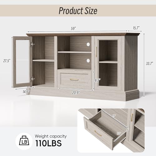 Beige Farmhouse TV Stand with Storage Cabinets and Glass Doors, Entertainment Center for 75 Inch TV, Media Console Side Storage Cabinets for Living Room
