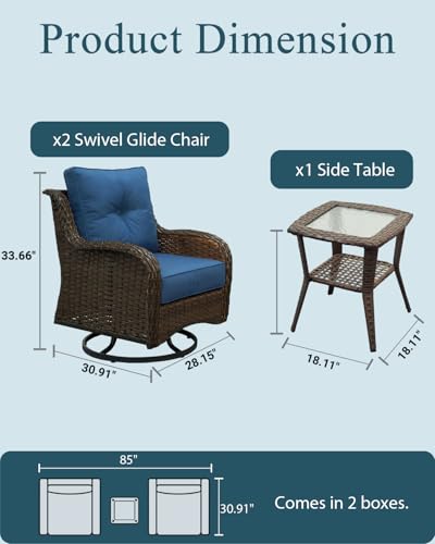 Patio Furniture Set, 3PCS Outdoor Wicker Conversation Set Porch Furniture with 6" Thick Cushions, High Back Swivel Chairs, Weather Resistant Olefin Fabric for Garden, Poolside, Navy Blue