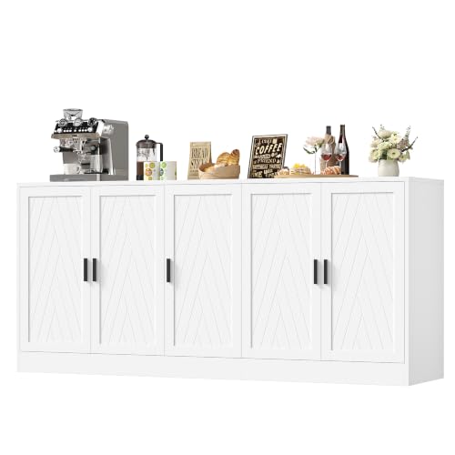 71" White Buffet Cabinet, 5 Chevron Door Modern Farmhouse Coffee Bar, view 2