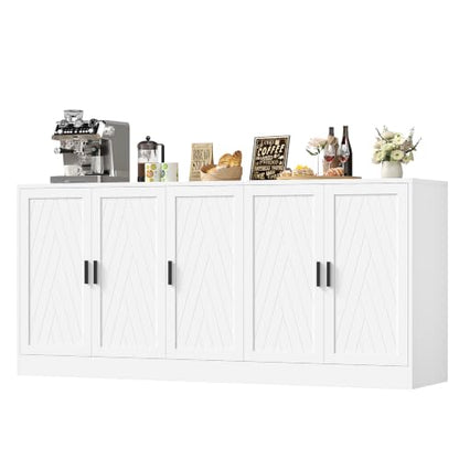 71" White Buffet Cabinet, 5 Chevron Door Modern Farmhouse Coffee Bar, view 2