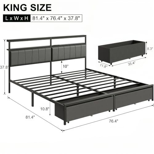 King Bed Frame with Storage Drawers and Charging Station, Grey, view 3