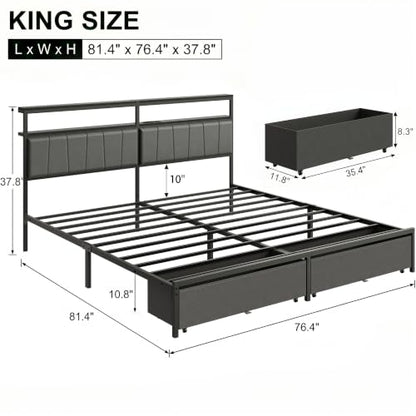 King Bed Frame with Storage Drawers and Charging Station, Grey, view 3