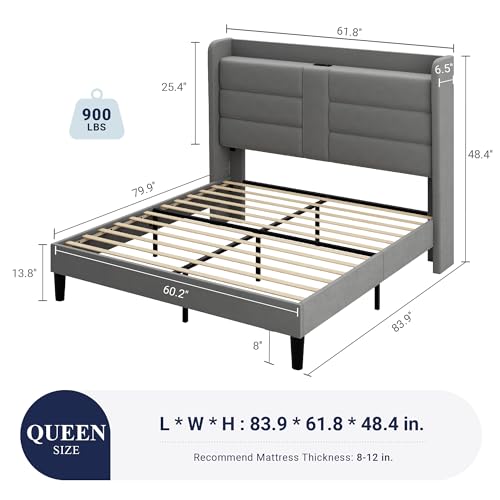 Queen Size Platform Bed Frame with Charging Station & Storage Headboard, view 3