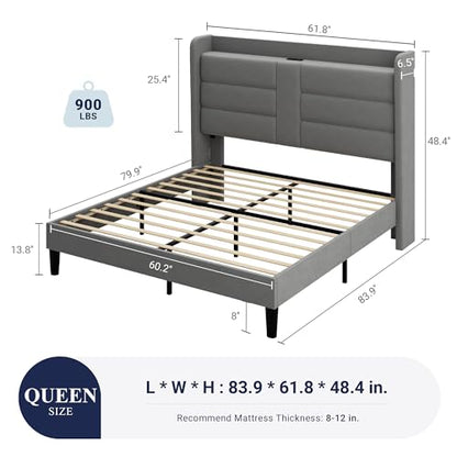 Queen Size Platform Bed Frame with Charging Station & Storage Headboard, view 3