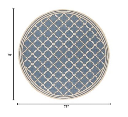 SAFAVIEH Washable Rug Outdoor Beach House Collection - 6'7" Round, Blue & Cream, Non-Shedding & Easy to Clean, Ideal for Patio, Backyard, Mudroom (BHS121M)