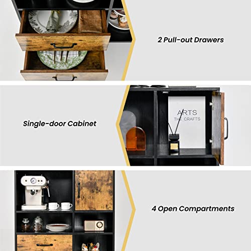 Buffet Cabinet with Storage, Industrial Kitchen Sideboard with 2 Large Drawers, 4 Cubes Cabinet, Mid-Century Cupboard, Standing Organizer for Kitchen, Entryway