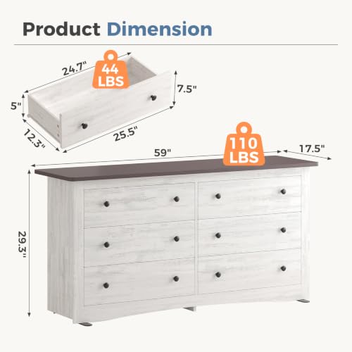6-Drawer Storage Cabinet, 59" Wide Modern Chest of Drawers, White, view 3