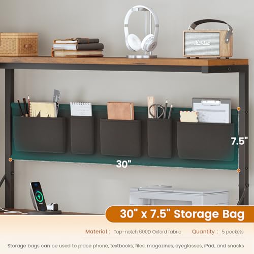L Shaped Desk with Drawers and Hutch, 47.2" Reversible Office Computer Desk with 5 Fabric Drawers, L Shaped Desk with Storage Shelves, Power Outlet and LED Lights for Home Office, Rustic Brown