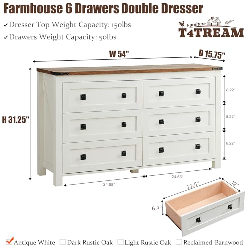 54" Wide Farmhouse 6-Drawer Dresser for Bedroom, Antique White | Rustic, Wood Storage Cabinet, Metal Handle, Unique Corner Accent, Bedroom, Living Room, Hallway