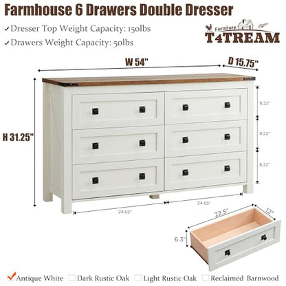 54" Wide Farmhouse 6-Drawer Dresser for Bedroom, Antique White | Rustic, Wood Storage Cabinet, Metal Handle, Unique Corner Accent, Bedroom, Living Room, Hallway