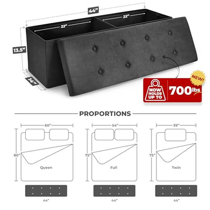 Storage Ottoman Bench – for Living Room, Hallway, End of Bed, Bedroom Bench 43 in Large Folding Chest Seat Trunk w/Cover – Blankets, Coffee Table, Foot Rest– Tufted Velvet Linen Fabric (Black)