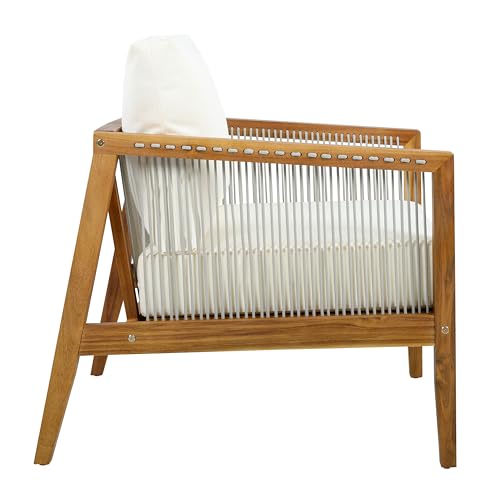 Lalulu Acacia Wood Lounge Chair Outdoor with Removable Cushion, Solid Wood Patio Accent Chair with Woven Rope Accents, Patio Furniture Set Sofa Chair, Beige+Teak
