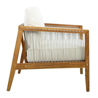 Lalulu Acacia Wood Lounge Chair Outdoor with Removable Cushion, Solid Wood Patio Accent Chair with Woven Rope Accents, Patio Furniture Set Sofa Chair, Beige+Teak