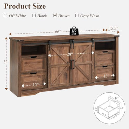 Farmhouse 66"TV Stand for 75+ Inch TV, With 4 Drawers & Sliding Barn Door | 32" Tall Entertainment Center, Rustic Media Console w/Storage Shelves, 66" Wood Television Stand for Living Room, Brown