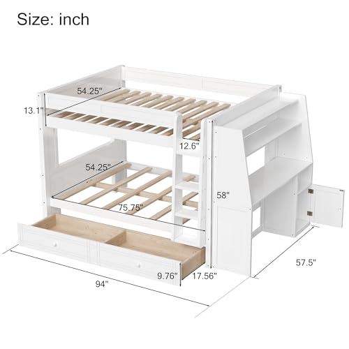 JIVOIT Full Size Bunk Bed, Multifunctional Wood Bunk Bed Frame with Desk and Bookshelves, Drawers, Space-Saving Design, Wooden Slats Support, No Box Spring Needed (White,Full-43)