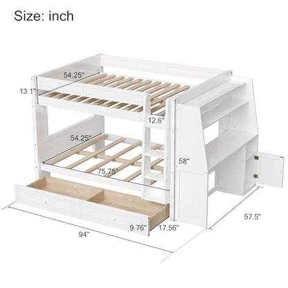 JIVOIT Full Size Bunk Bed, Multifunctional Wood Bunk Bed Frame with Desk and Bookshelves, Drawers, Space-Saving Design, Wooden Slats Support, No Box Spring Needed (White,Full-43)