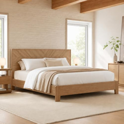King Size Bed Frame with Headboard, Oak Color Platform Bed, Modern Design, view 2