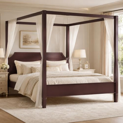 King Size Wooden Canopy Bed Frame Walnut Vintage Rustic, view 4